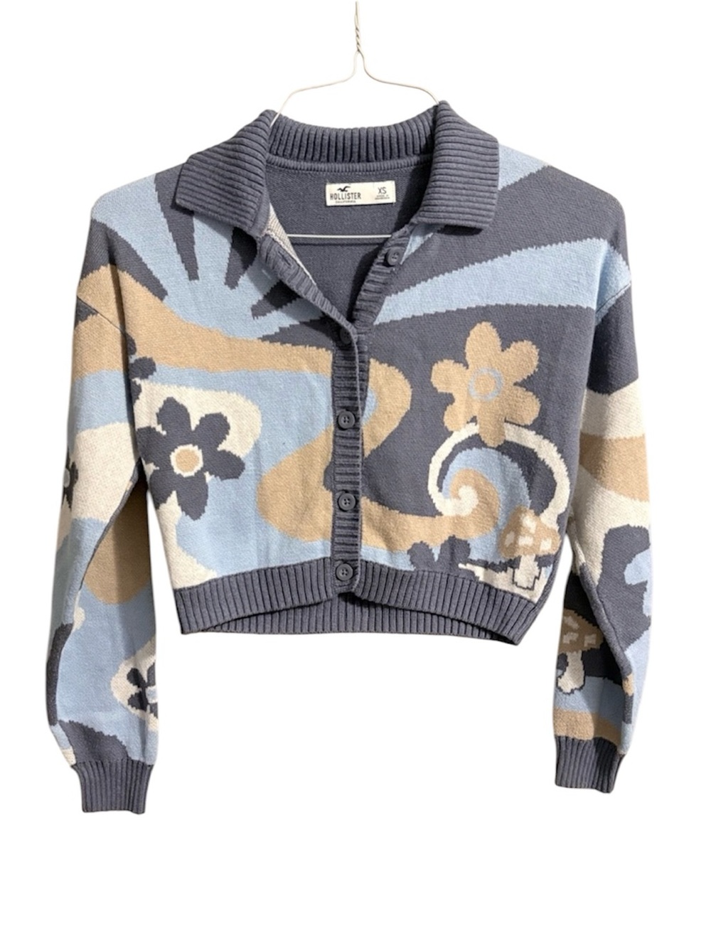 Hollister Blue Cream Floral Cropped Button-Up Cardigan